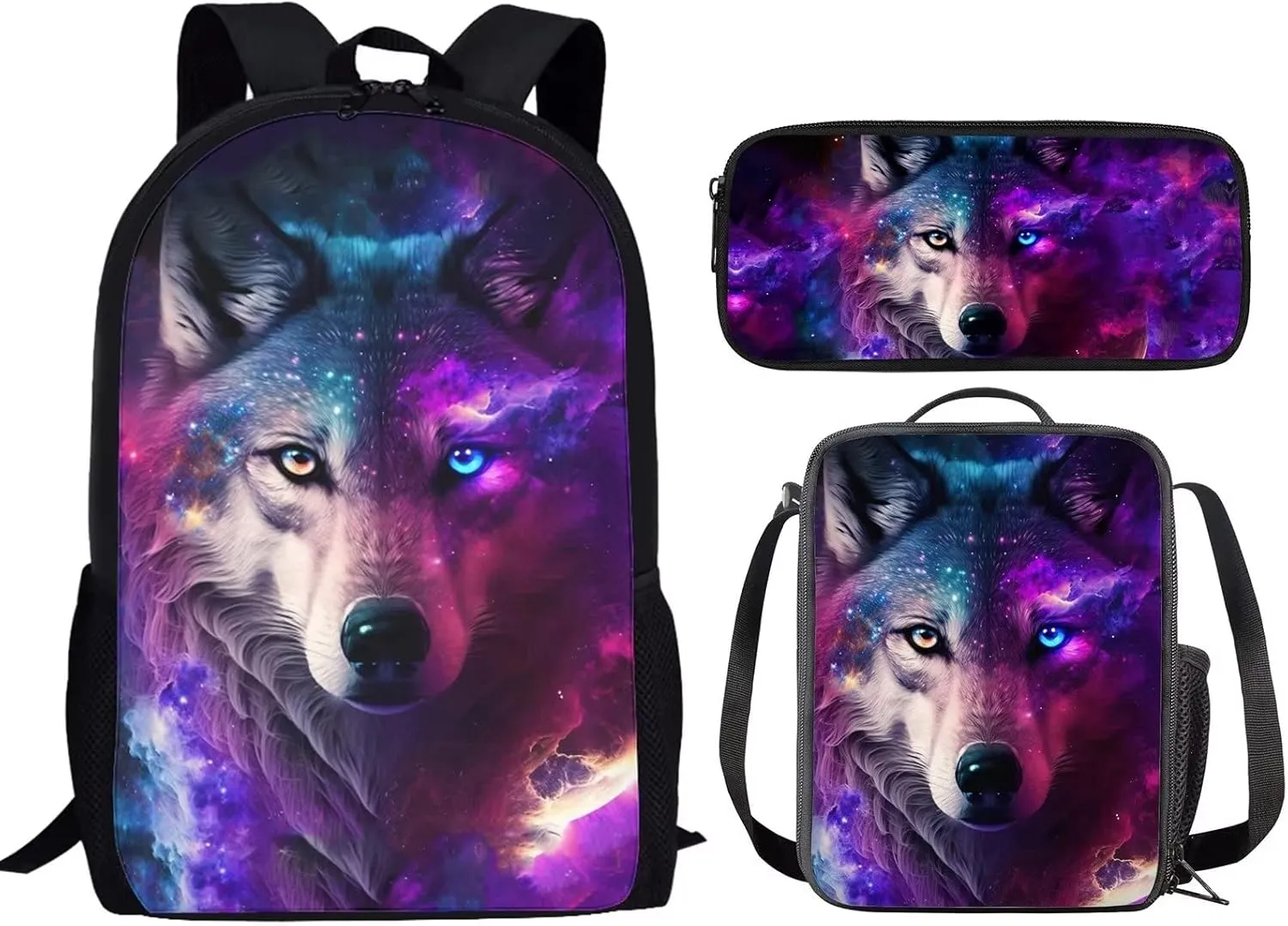 Showudesigns Galaxy Wolf Backpack with Lunch Box for Kids School Bags Lunchbag Pencil Case Set 3 in 1 Primary Elementary Book Bags Travel Back Pack Purple Star Space