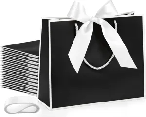 Silkfly 12 Pcs Thank You Gift Bags with Handle 11.8x10x4'' Welcome Bags Return Gifts with Bow Ribbon for Bridesmaid Baby Shower Mother's Day Graduation Wedding Housewarming Birthday(Black and White)