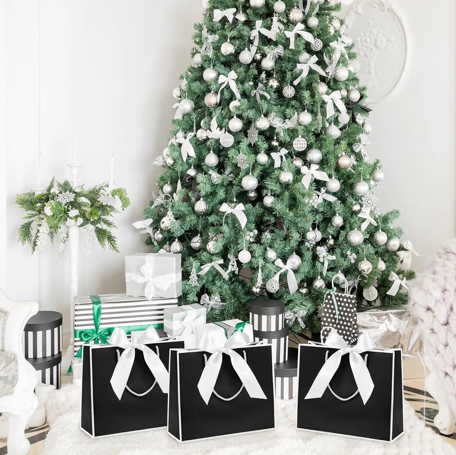 Silkfly 12 Pcs Thank You Gift Bags with Handle 11.8x10x4'' Welcome Bags Return Gifts with Bow Ribbon for Bridesmaid Baby Shower Mother's Day Graduation Wedding Housewarming Birthday(Black and White)