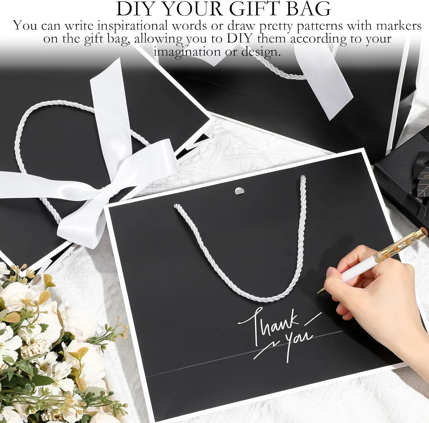Silkfly 12 Pcs Thank You Gift Bags with Handle 11.8x10x4'' Welcome Bags Return Gifts with Bow Ribbon for Bridesmaid Baby Shower Mother's Day Graduation Wedding Housewarming Birthday(Black and White)