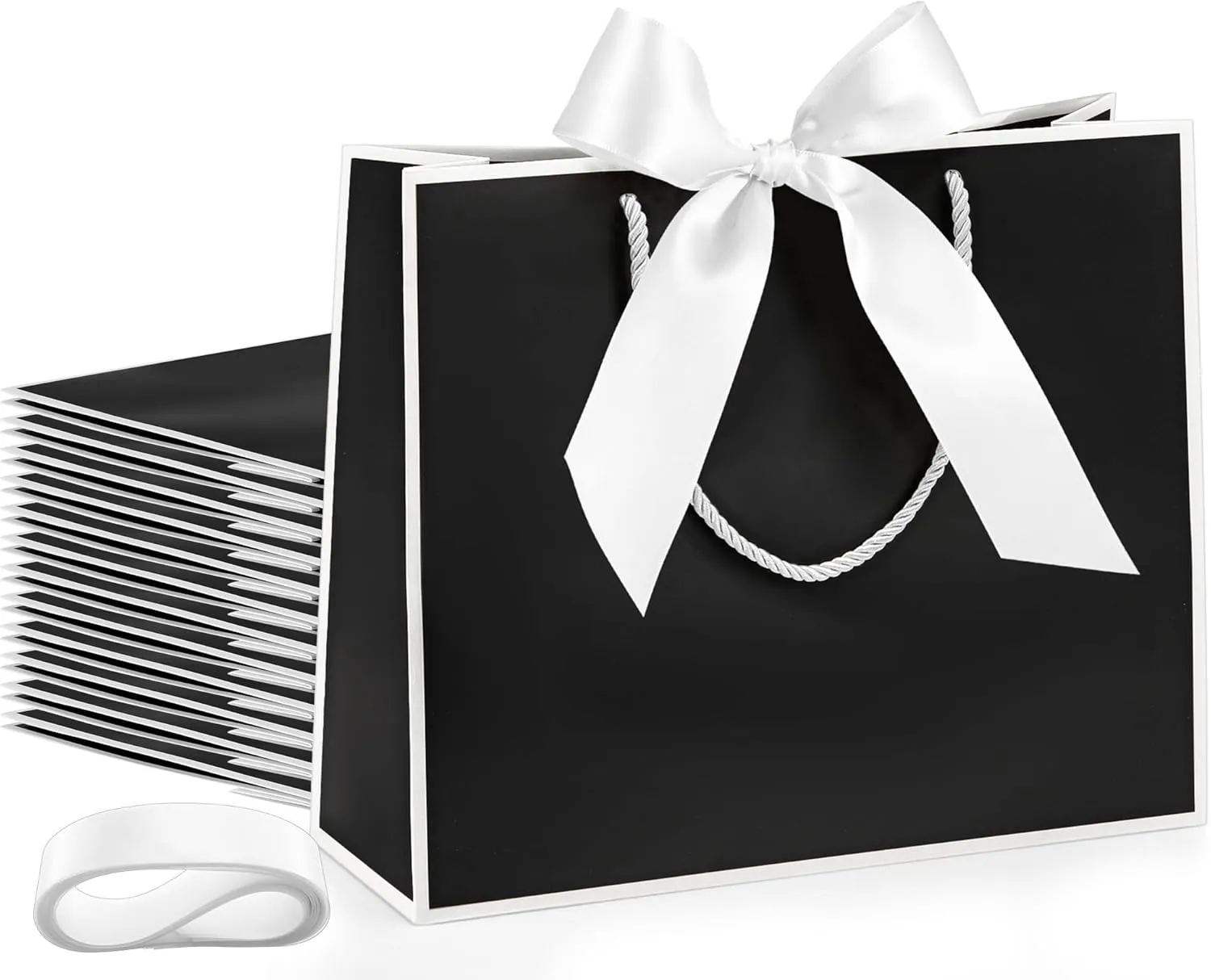 Silkfly 12 Pcs Thank You Gift Bags with Handle 11.8x10x4'' Welcome Bags Return Gifts with Bow Ribbon for Bridesmaid Baby Shower Mother's Day Graduation Wedding Housewarming Birthday(Black and White)