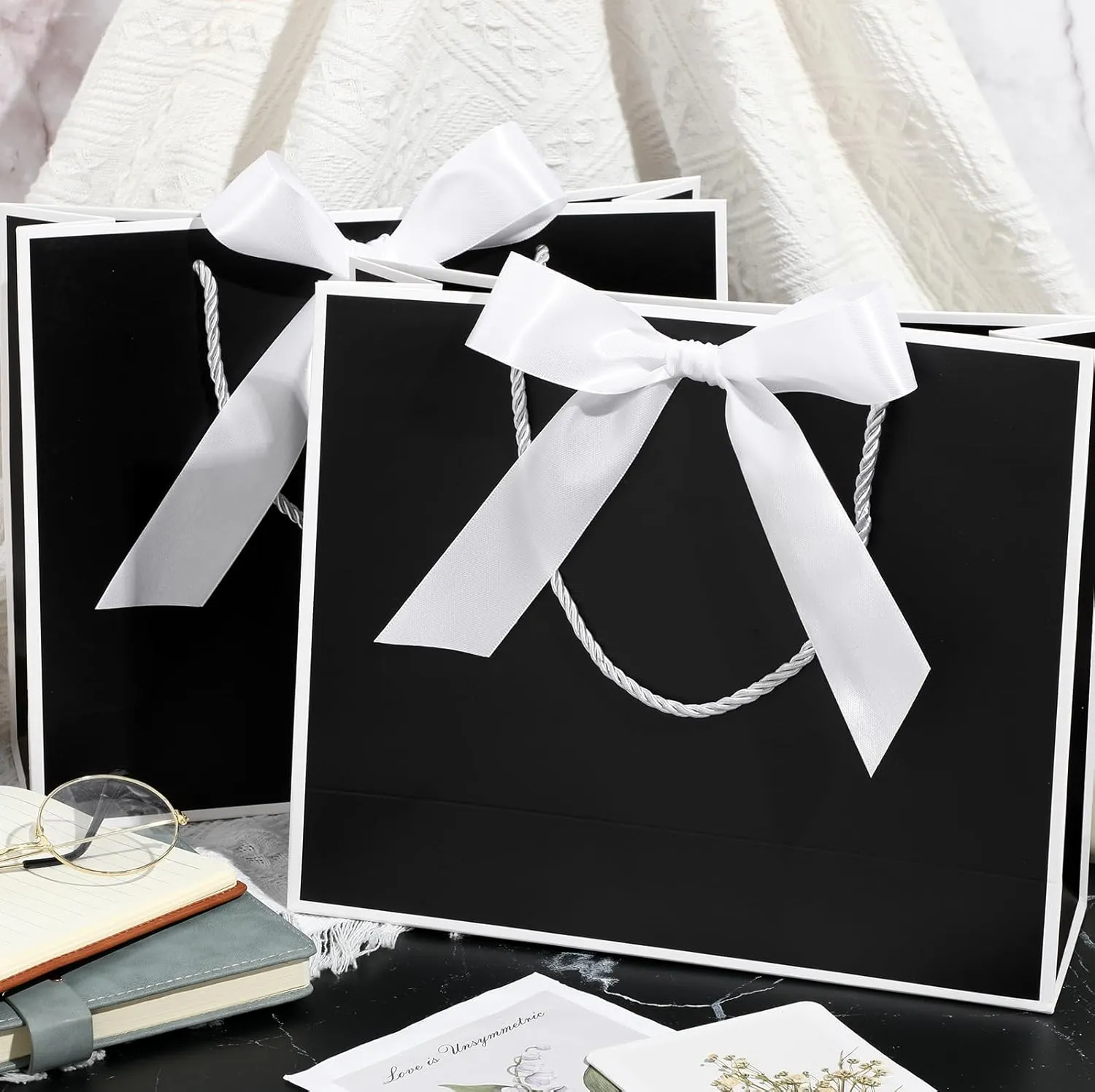 Silkfly 12 Pcs Thank You Gift Bags with Handle 11.8x10x4'' Welcome Bags Return Gifts with Bow Ribbon for Bridesmaid Baby Shower Mother's Day Graduation Wedding Housewarming Birthday(Black and White)
