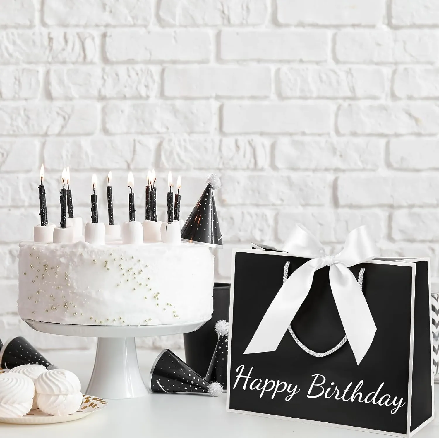 Silkfly 12 Pcs Thank You Gift Bags with Handle 11.8x10x4'' Welcome Bags Return Gifts with Bow Ribbon for Bridesmaid Baby Shower Mother's Day Graduation Wedding Housewarming Birthday(Black and White)