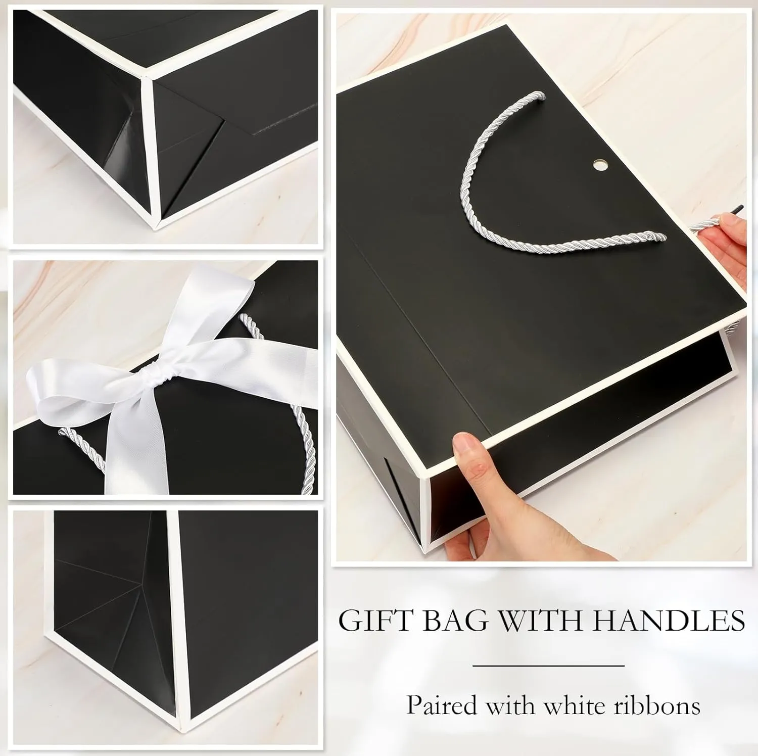 Silkfly 12 Pcs Thank You Gift Bags with Handle 11.8x10x4'' Welcome Bags Return Gifts with Bow Ribbon for Bridesmaid Baby Shower Mother's Day Graduation Wedding Housewarming Birthday(Black and White)