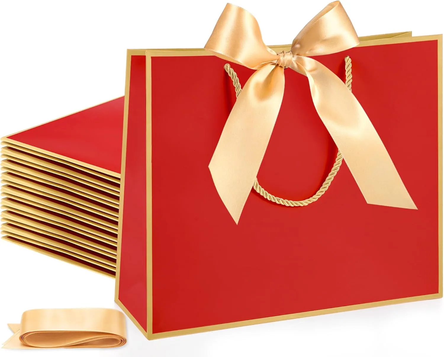 Silkfly 12 Pcs Thank You Gift Bags with Handle 11.8x10x4'' Welcome Bags Return Gifts with Bow Ribbon for Bridesmaid Baby Shower Mother's Day Graduation Wedding Housewarming Birthday(Red)
