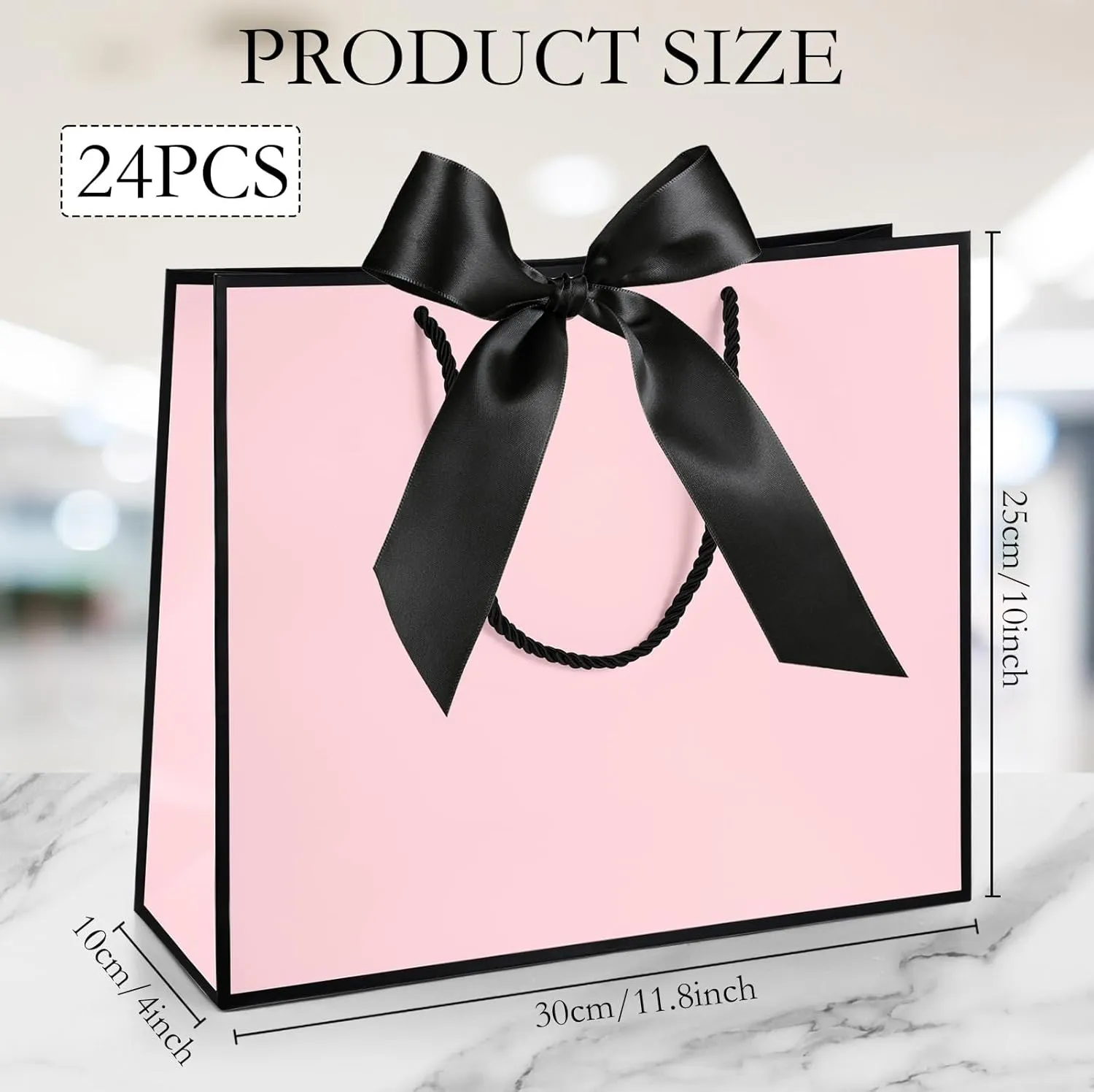 Silkfly 24 Pcs Thank You Gift Bags with Handles 11.8 x 10 x 4'' Elegant Reusable Paper Gift Bags with Bow Ribbon for Wedding Anniversary Bridal Shower Birthday Housewarming Party(Pink, Black)
