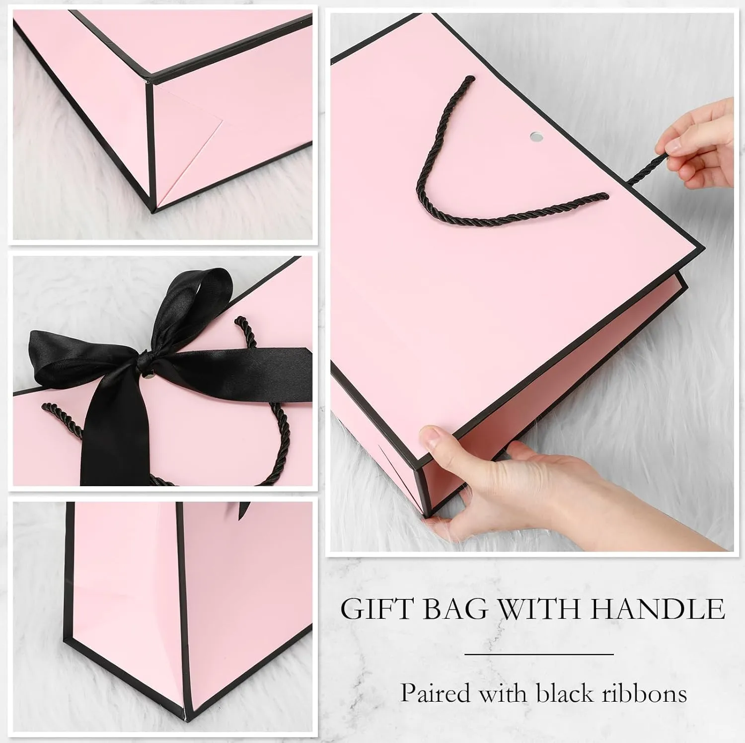 Silkfly 24 Pcs Thank You Gift Bags with Handles 11.8 x 10 x 4'' Elegant Reusable Paper Gift Bags with Bow Ribbon for Wedding Anniversary Bridal Shower Birthday Housewarming Party(Pink, Black)