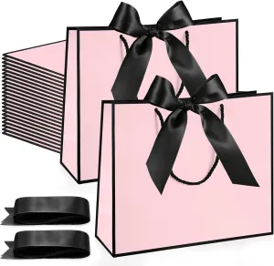 Silkfly 24 Pcs Thank You Gift Bags with Handles 11.8 x 10 x 4'' Elegant Reusable Paper Gift Bags with Bow Ribbon for Wedding Anniversary Bridal Shower Birthday Housewarming Party(Pink, Black)