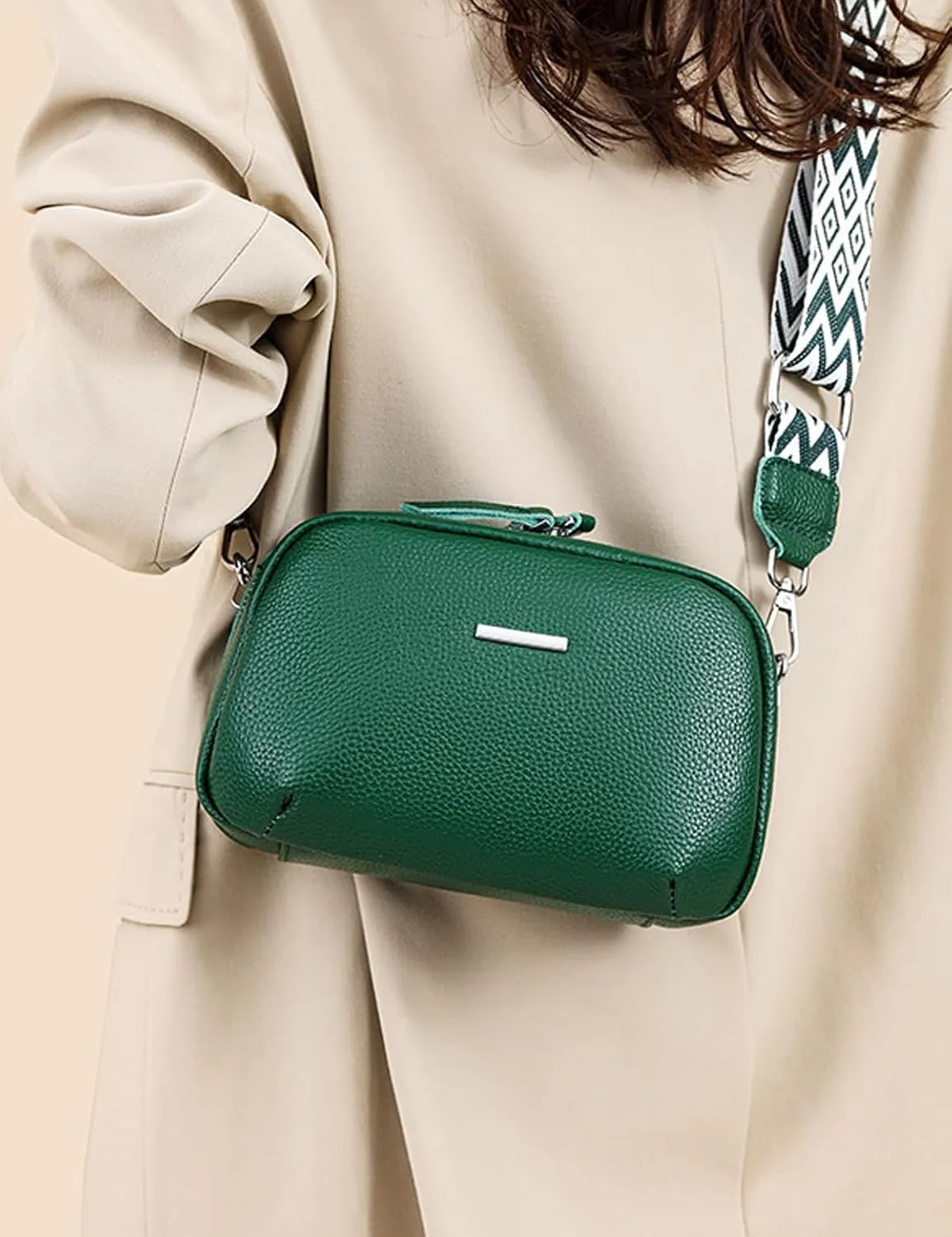 Simple Fashion Real Genuine Leather Crossbody Bag For Women Shoulder Bags with Geometric Pattern Strap For Women