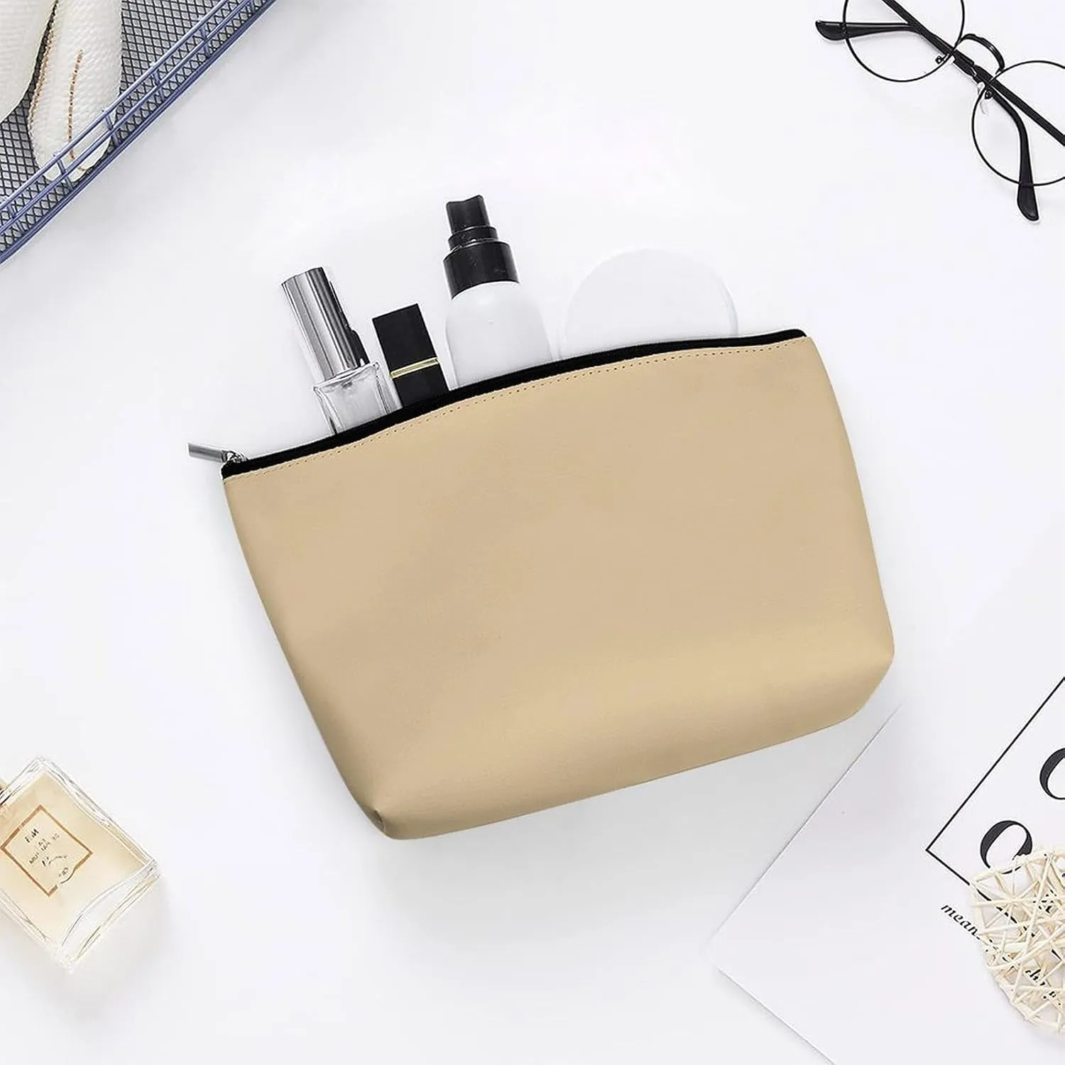 Small Cosmetic Bag, Beige Plain Solid Color Makeup Bags Elegant Roomy Pouch for Women,Travel Toiletry Accessories Organizer