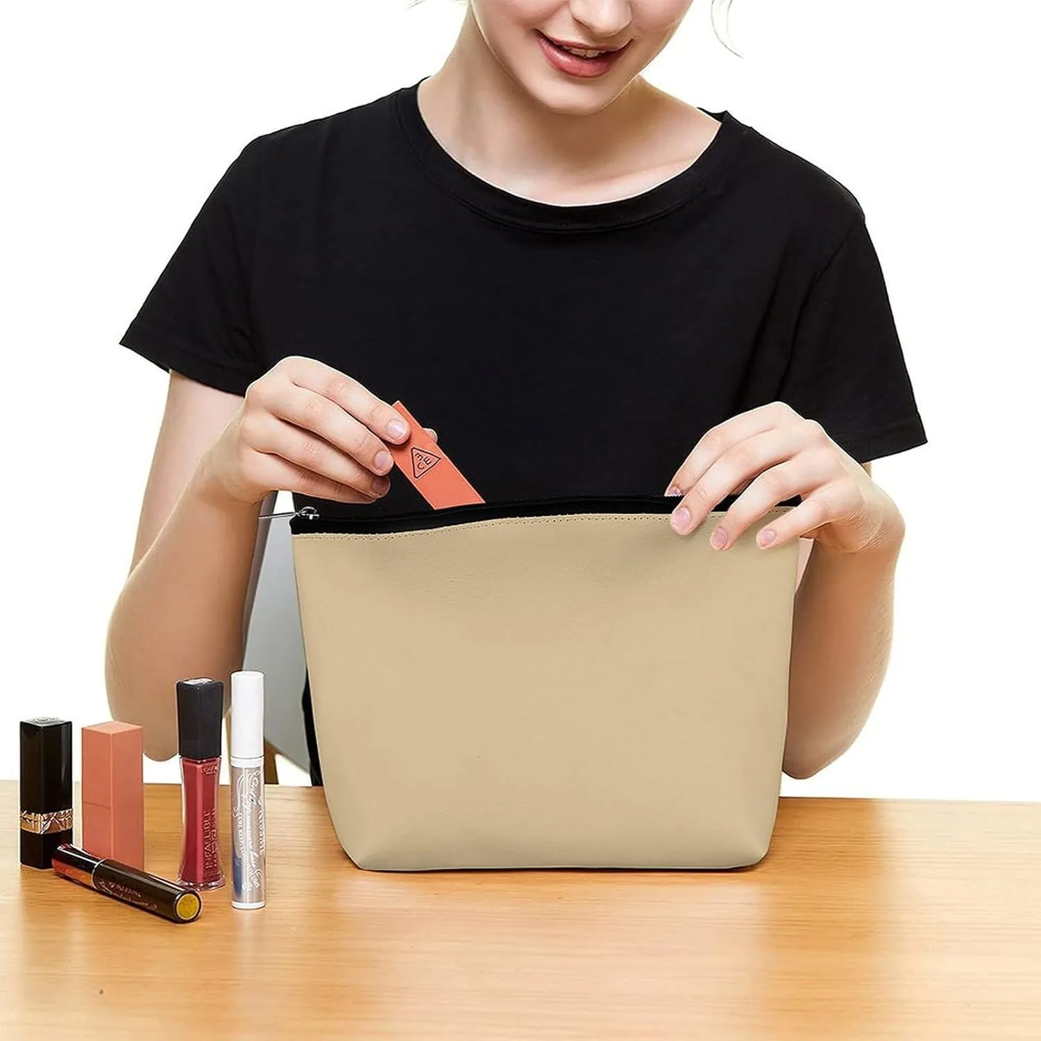 Small Cosmetic Bag, Beige Plain Solid Color Makeup Bags Elegant Roomy Pouch for Women,Travel Toiletry Accessories Organizer