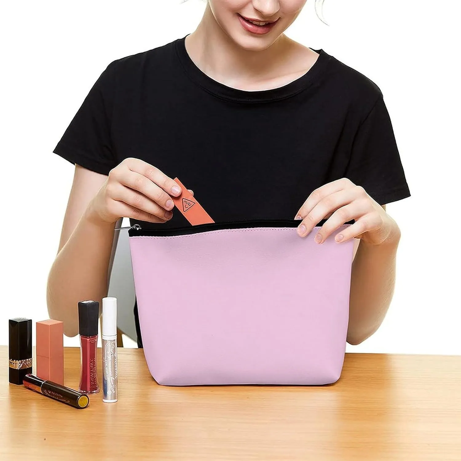 Small Cosmetic Bag, Classic Rose Solid Color Makeup Bags Elegant Roomy Pouch for Women,Travel Toiletry Accessories Organizer