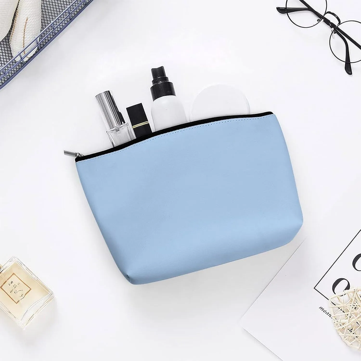Small Cosmetic Bag, Pale Blue Solid Color Makeup Bags Elegant Roomy Pouch for Women,Travel Toiletry Accessories Organizer