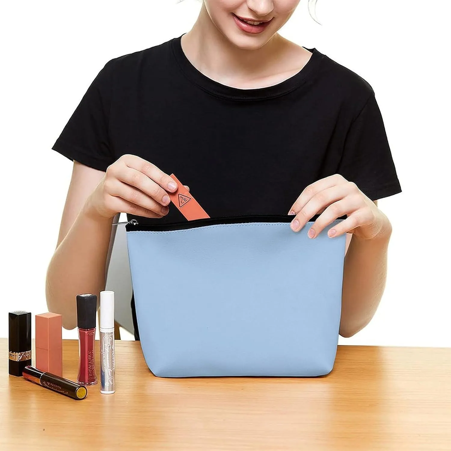Small Cosmetic Bag, Pale Blue Solid Color Makeup Bags Elegant Roomy Pouch for Women,Travel Toiletry Accessories Organizer
