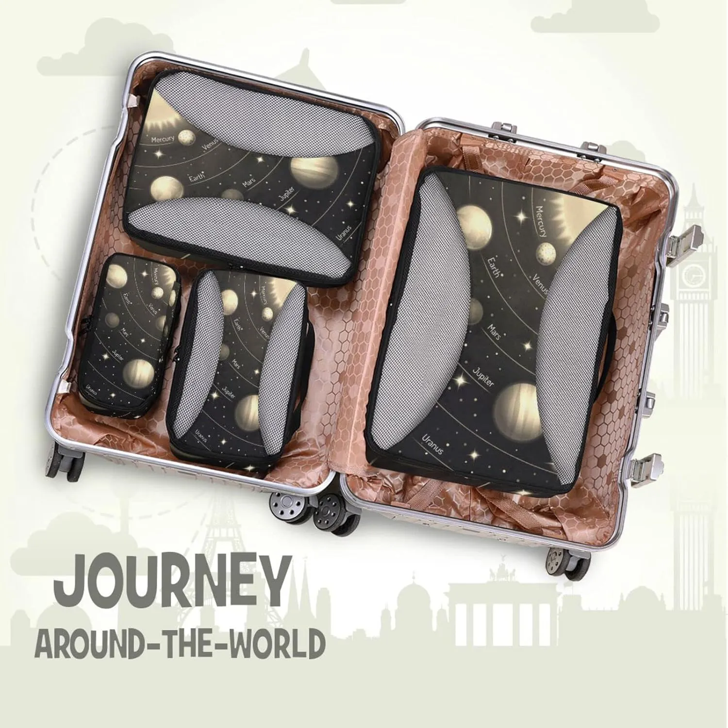 Solar System with the Sun Earth Mars Mercury Jupiter Saturn Uranus 4 Set Packing Cubes, Travel Packing Organizers, 600D Oxford Cloth Toiletry Storage Bag, Luggage Mesh Bags for Accessories