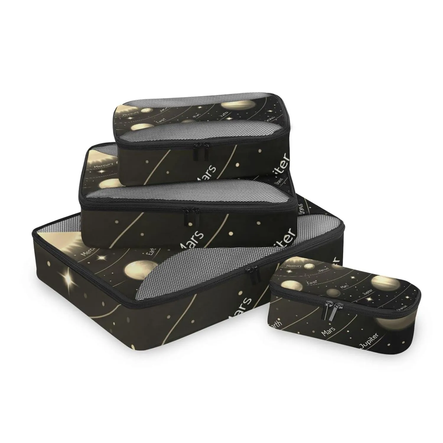Solar System with the Sun Earth Mars Mercury Jupiter Saturn Uranus 4 Set Packing Cubes, Travel Packing Organizers, 600D Oxford Cloth Toiletry Storage Bag, Luggage Mesh Bags for Accessories