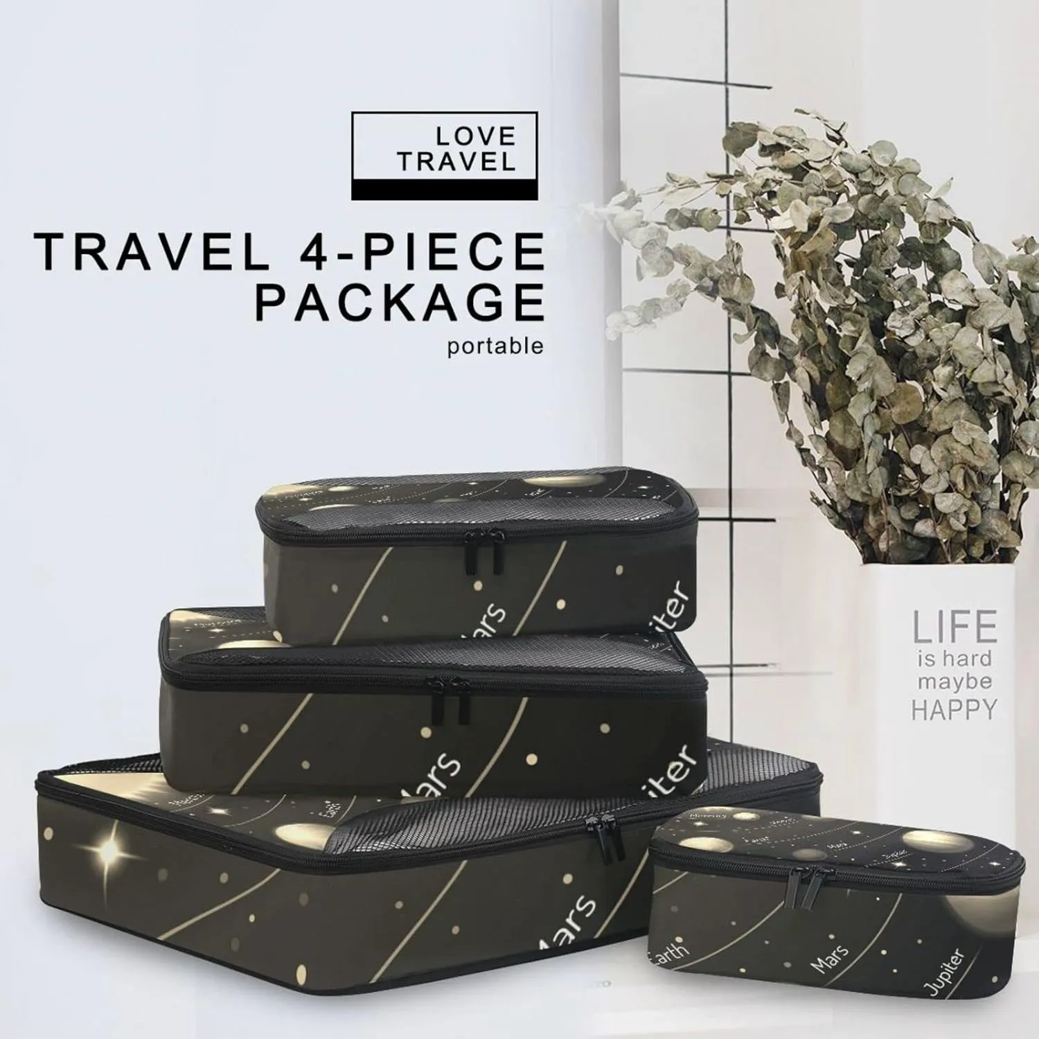 Solar System with the Sun Earth Mars Mercury Jupiter Saturn Uranus 4 Set Packing Cubes, Travel Packing Organizers, 600D Oxford Cloth Toiletry Storage Bag, Luggage Mesh Bags for Accessories