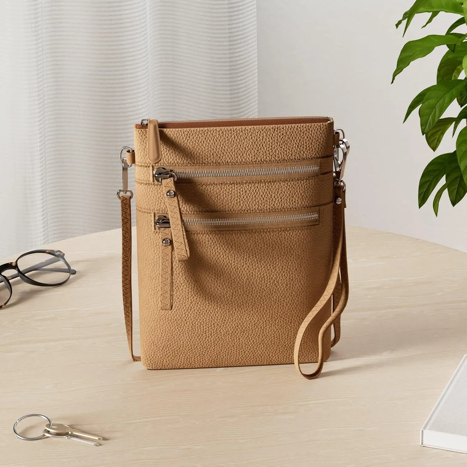 Solene Small Crossbody Bag for Women, Multi Zip Pockets with Detachable Wristlet, Lightweight Travel Purse, Cell Phone Pouch