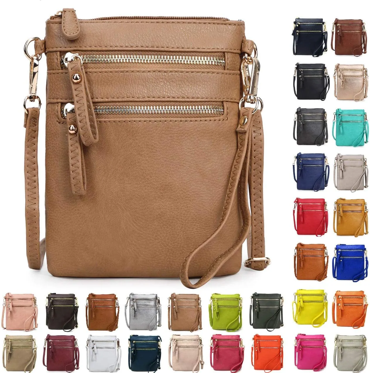 Solene Small Crossbody Bag for Women, Multi Zip Pockets with Detachable Wristlet, Lightweight Travel Purse, Cell Phone Pouch