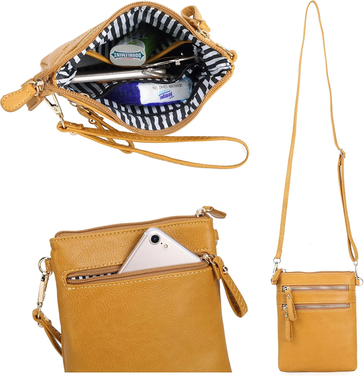 Solene Small Crossbody Bag for Women, Multi Zip Pockets with Detachable Wristlet, Lightweight Travel Purse, Cell Phone Pouch