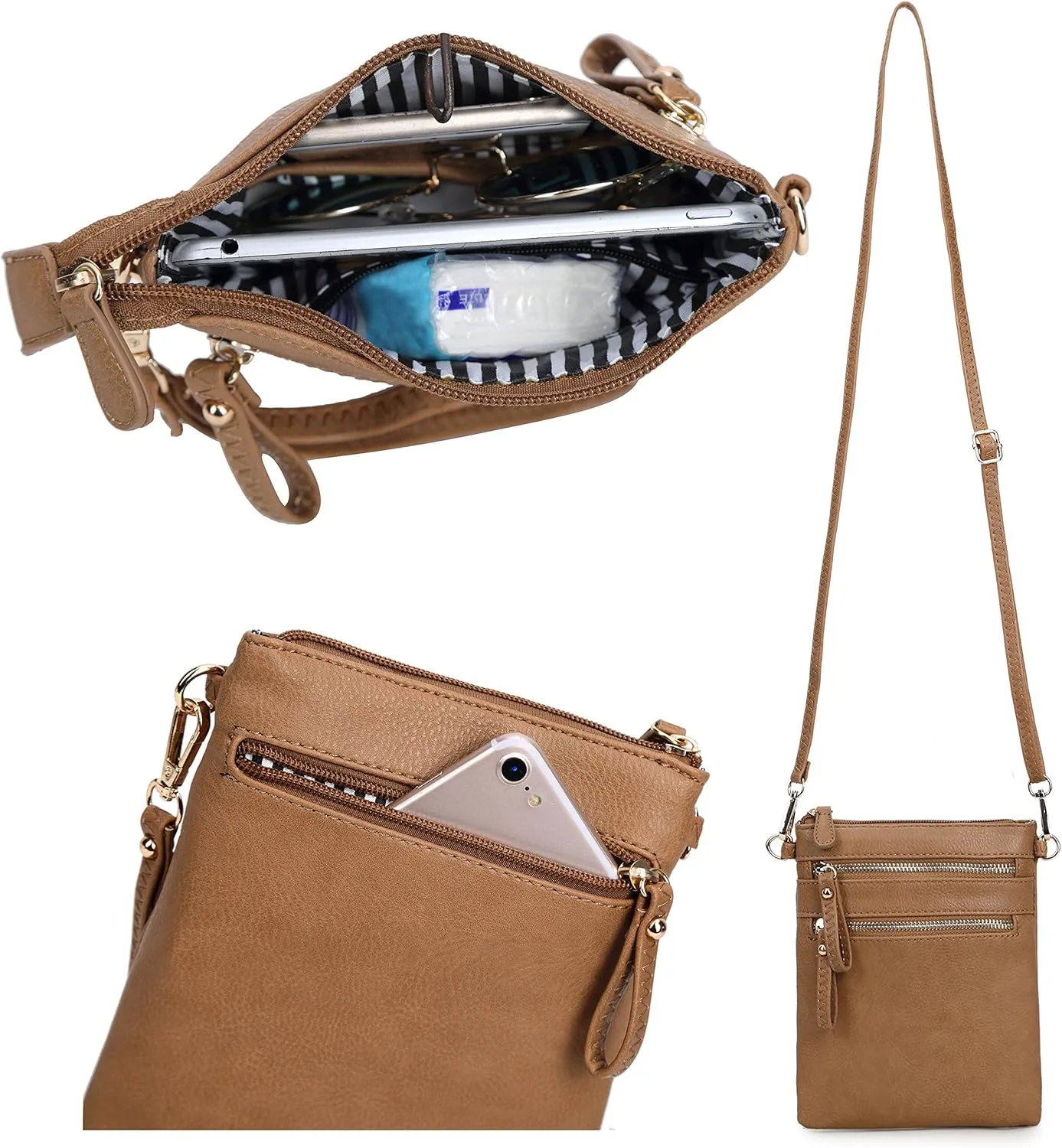 Solene Small Crossbody Bag for Women, Multi Zip Pockets with Detachable Wristlet, Lightweight Travel Purse, Cell Phone Pouch