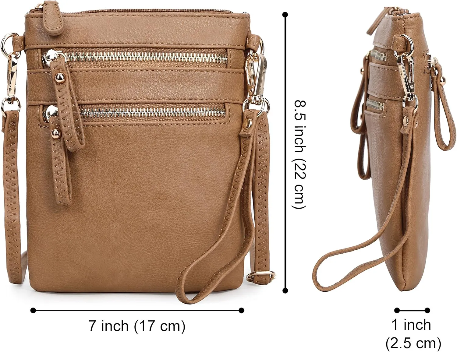 Solene Small Crossbody Bag for Women, Multi Zip Pockets with Detachable Wristlet, Lightweight Travel Purse, Cell Phone Pouch