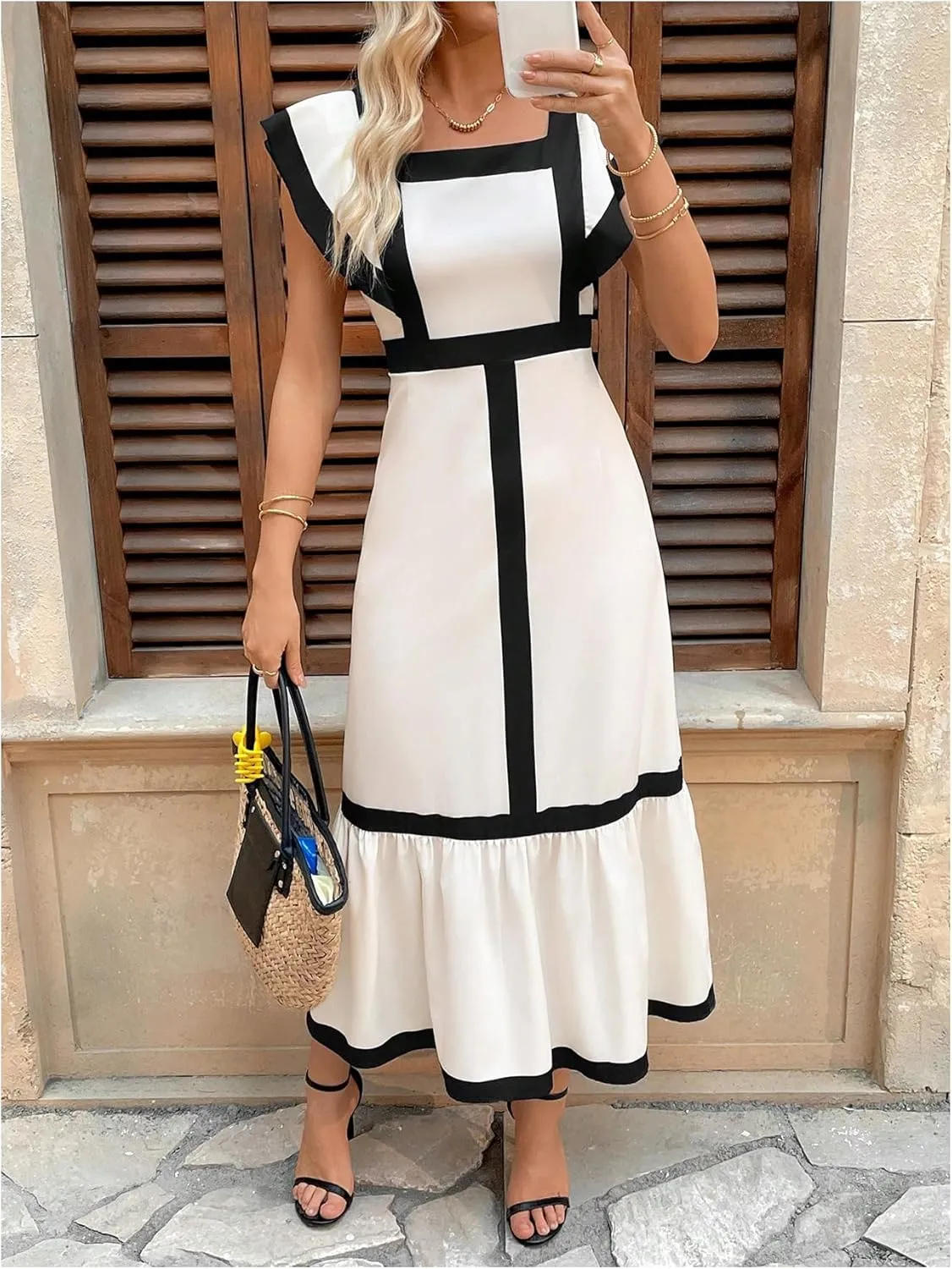 SOLY HUX Women's Square Neck Ruffle Hem Dress Elegant Cap Sleeve Color Block Long Dresses