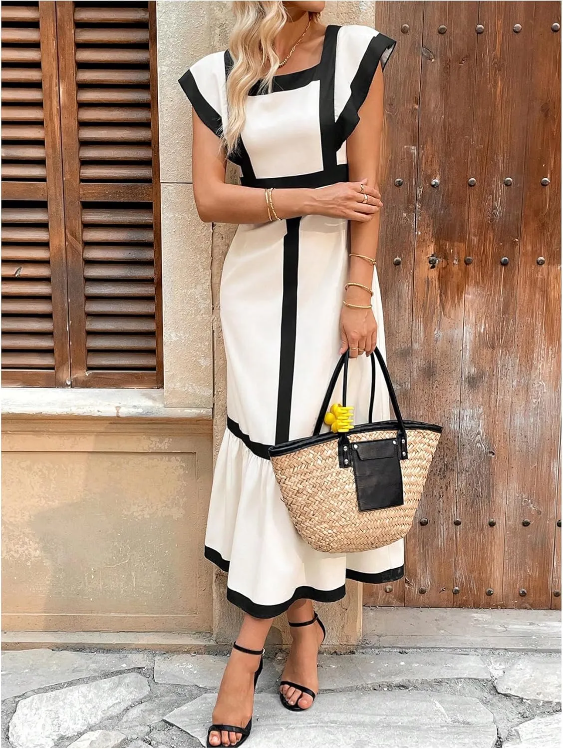 SOLY HUX Women's Square Neck Ruffle Hem Dress Elegant Cap Sleeve Color Block Long Dresses