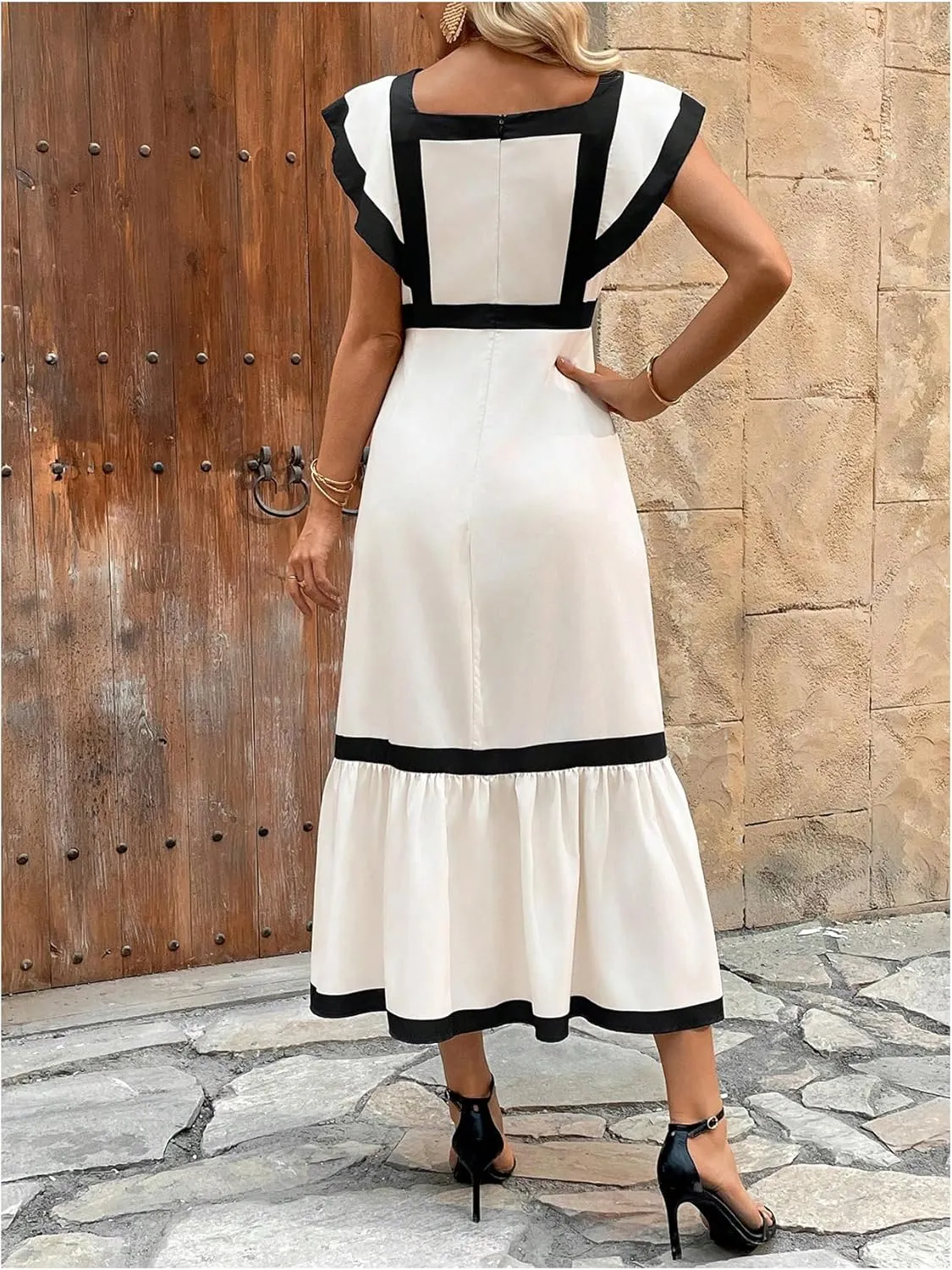 SOLY HUX Women's Square Neck Ruffle Hem Dress Elegant Cap Sleeve Color Block Long Dresses