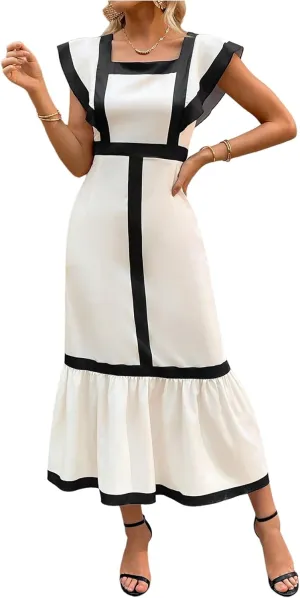 SOLY HUX Women's Square Neck Ruffle Hem Dress Elegant Cap Sleeve Color Block Long Dresses