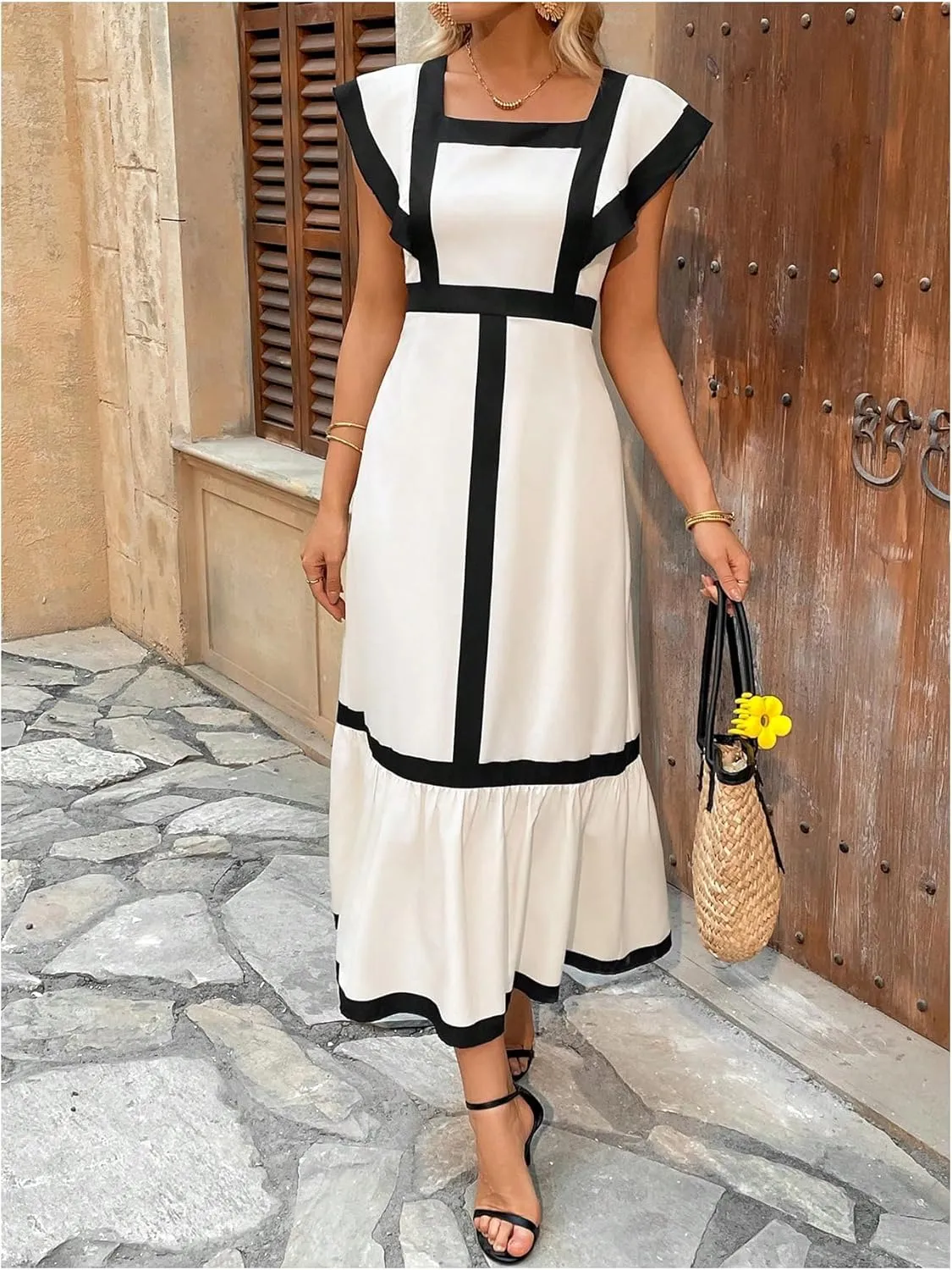 SOLY HUX Women's Square Neck Ruffle Hem Dress Elegant Cap Sleeve Color Block Long Dresses