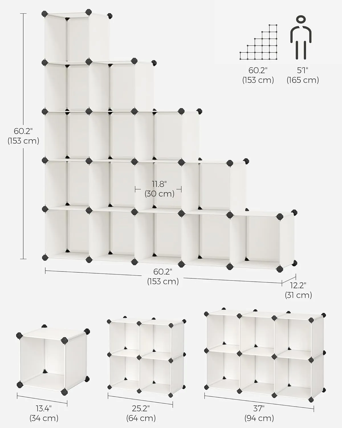 SONGMICS Cube Storage Organizer, Set of 16 Plastic Cubes, Closet Organizers and Storage, Room Organization, Bedroom Living Room, 12.2 x 48.4 x 48.4 Inches, Cream White ULPC442M01