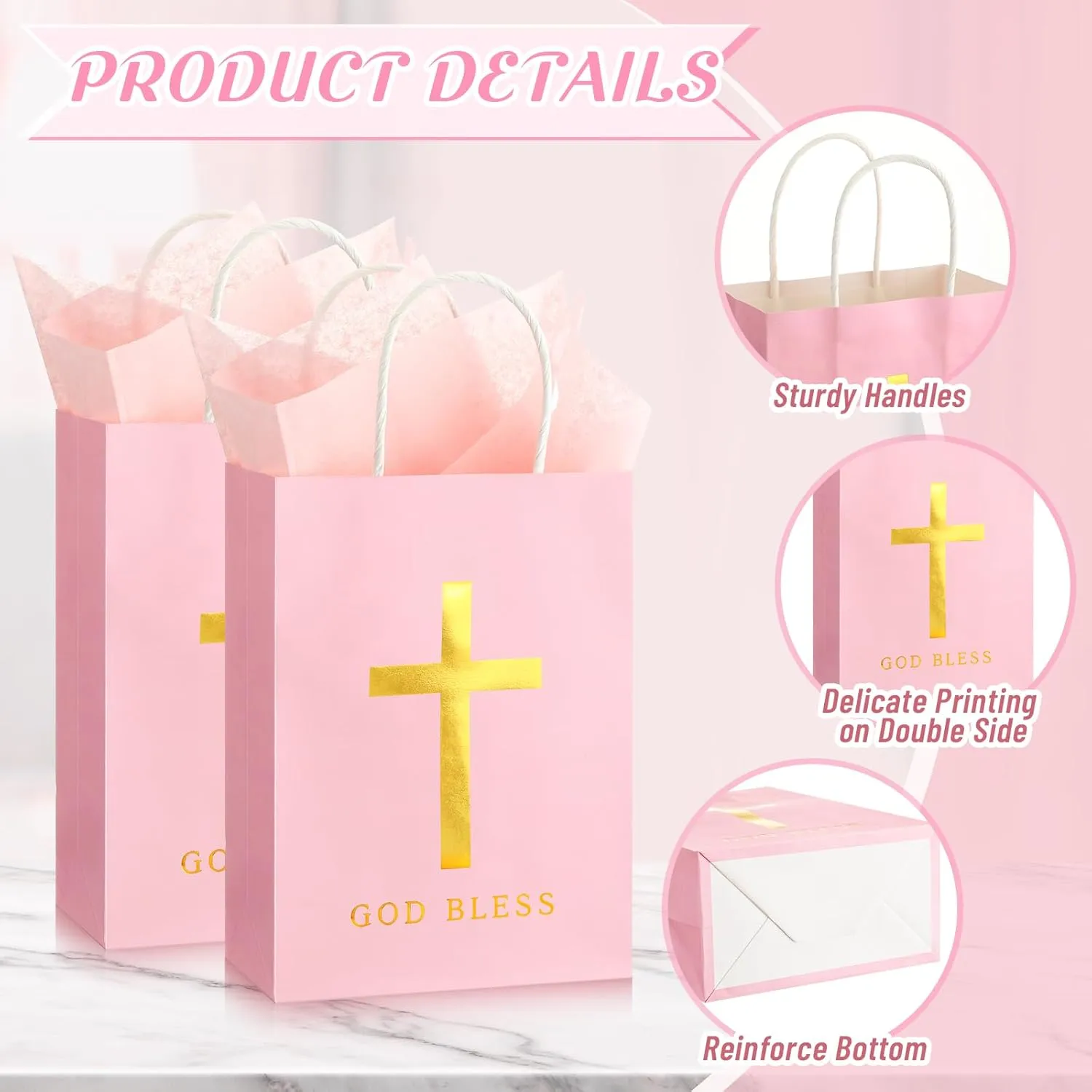 Spakon 24 Pack First Communion Favors for Guests Baptism Favor Bags with Tissue Paper 6x8x3 Inch Christian God Bless Cross Confirmation Gift Bags for Baby Shower Party Church Mothers Day Gift(Pink)