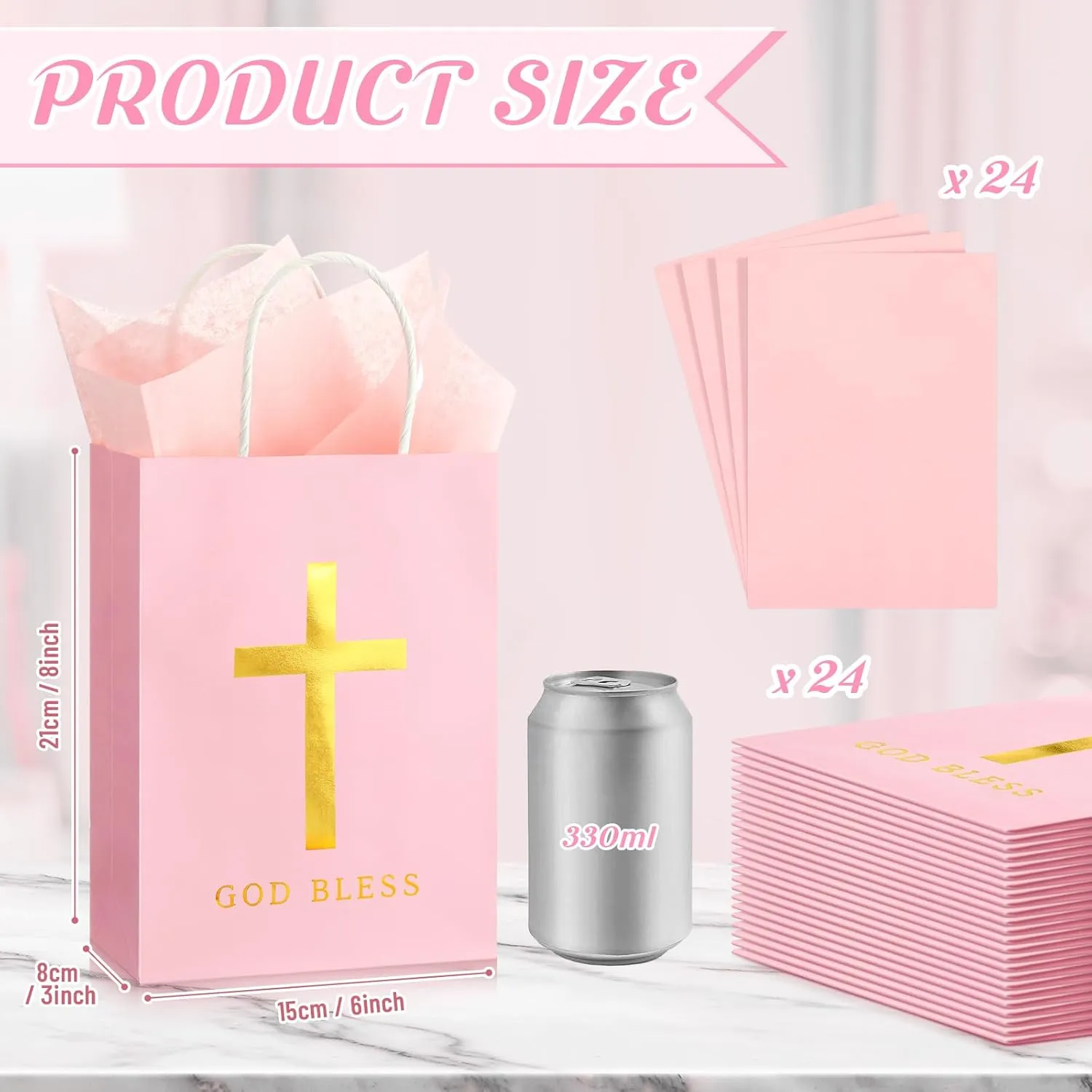 Spakon 24 Pack First Communion Favors for Guests Baptism Favor Bags with Tissue Paper 6x8x3 Inch Christian God Bless Cross Confirmation Gift Bags for Baby Shower Party Church Mothers Day Gift(Pink)