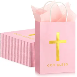 Spakon 24 Pack First Communion Favors for Guests Baptism Favor Bags with Tissue Paper 6x8x3 Inch Christian God Bless Cross Confirmation Gift Bags for Baby Shower Party Church Mothers Day Gift(Pink)