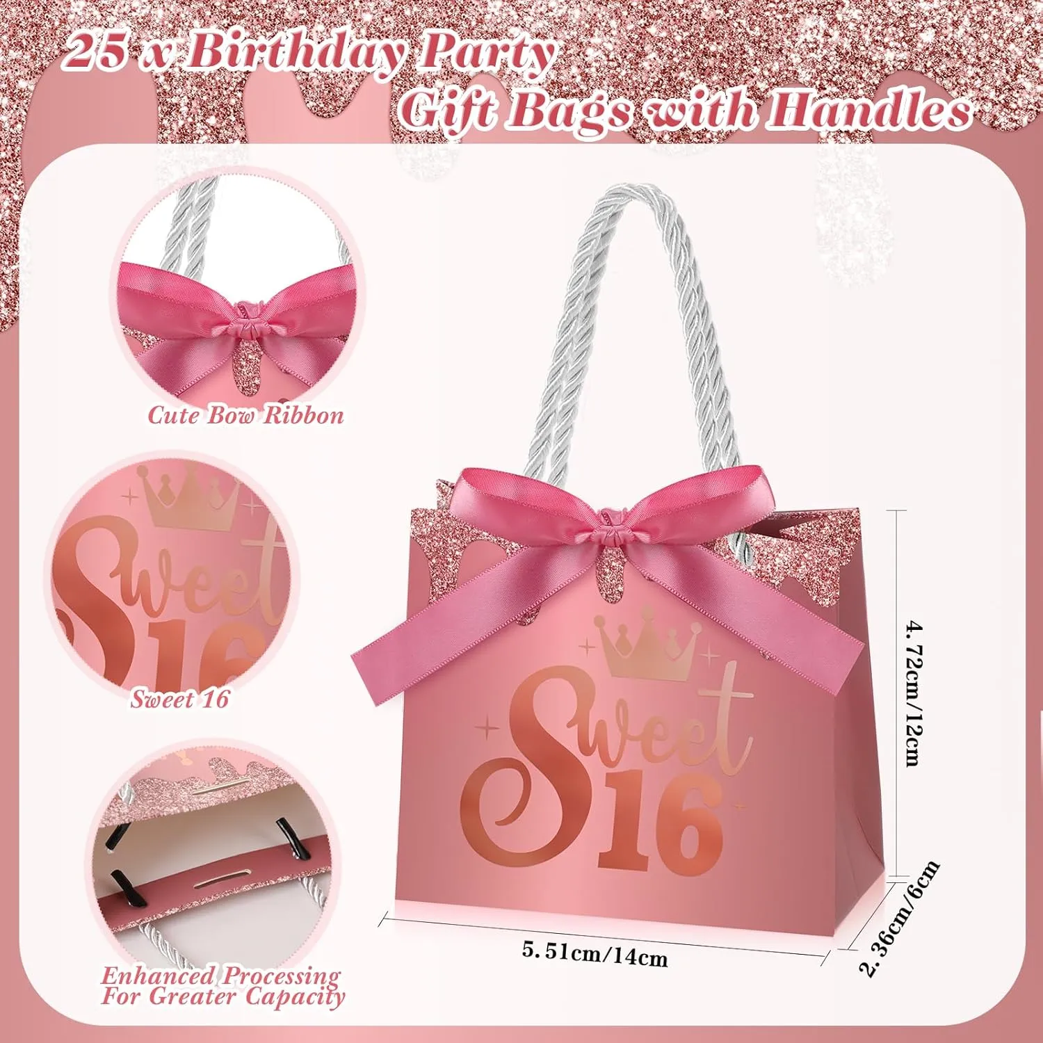 Spakon 25 Pcs Sweet 16 Party Favors for Guests 16 Years Birthday Party Gift Bags with Handles and Ribbons Sweet 16 Candy Bags Birthday Gift Bags Paper Gift Bag for Birthday Decorations