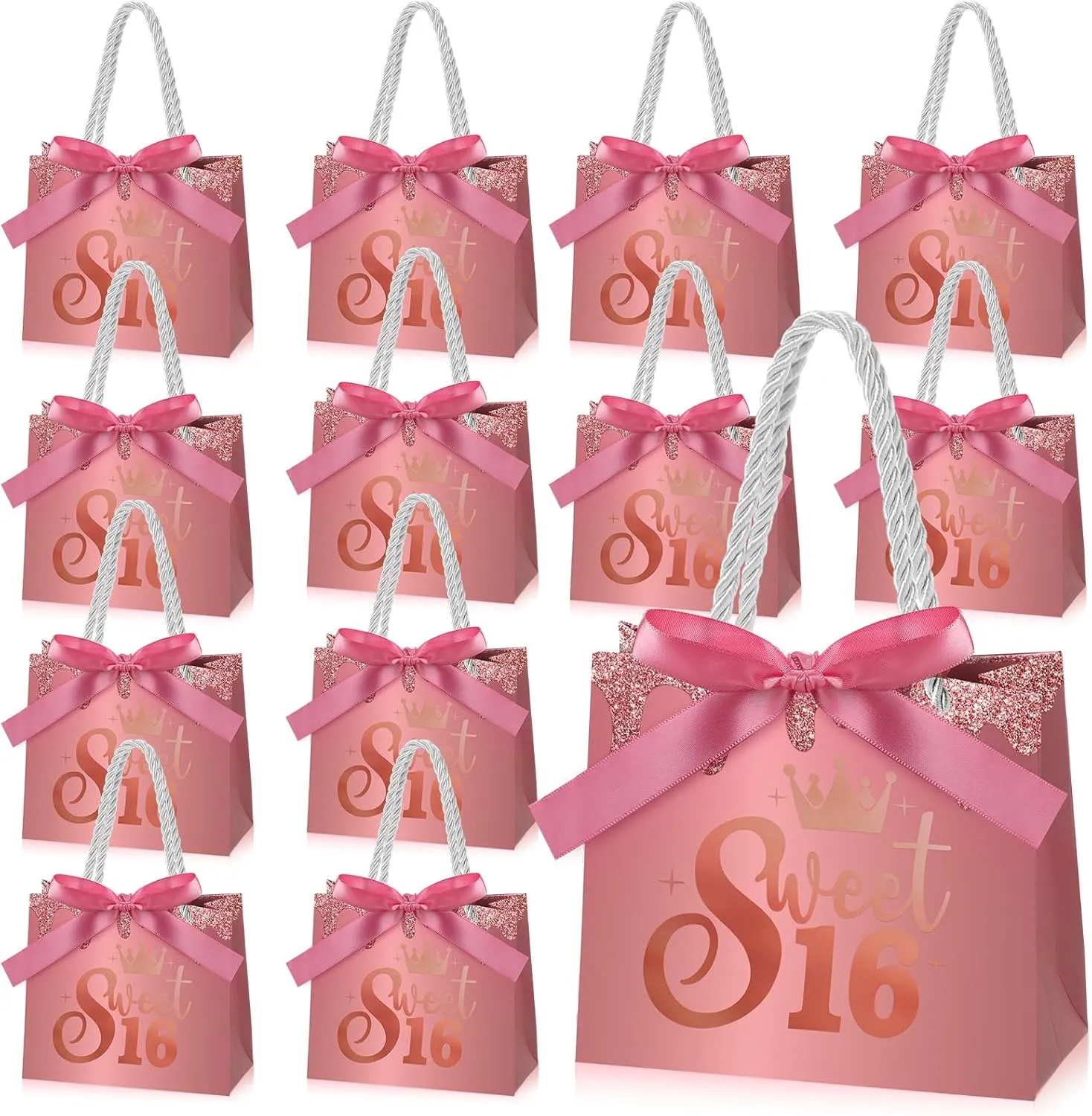 Spakon 25 Pcs Sweet 16 Party Favors for Guests 16 Years Birthday Party Gift Bags with Handles and Ribbons Sweet 16 Candy Bags Birthday Gift Bags Paper Gift Bag for Birthday Decorations