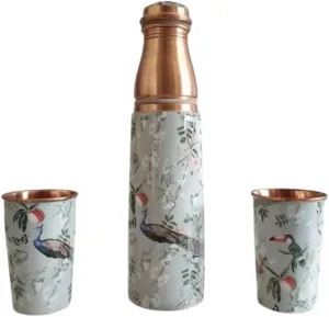 Spark Handicrafts II Copper Water Bottle (34 Oz /1000ml) With Set Of 2 Glass (10 Oz/300ml Each) | Best use for Office,Gym & gifts | Copper Material with Leak proof (Peacock Print)