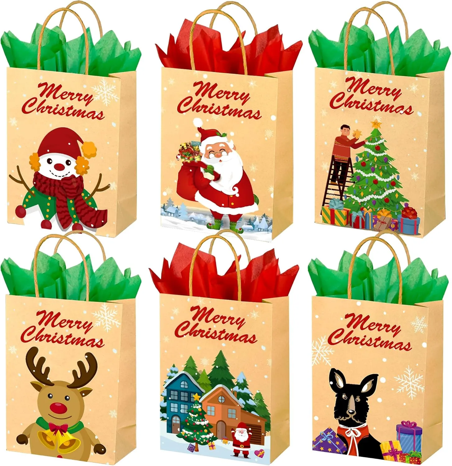 SPERPAND 24 Pack Small Christmas Gift Bags with Tissues, Reusable Treat Bags with Handles and Goodie Bags, Holiday Gift Bags Bulk for Xmas Gifts Decorations