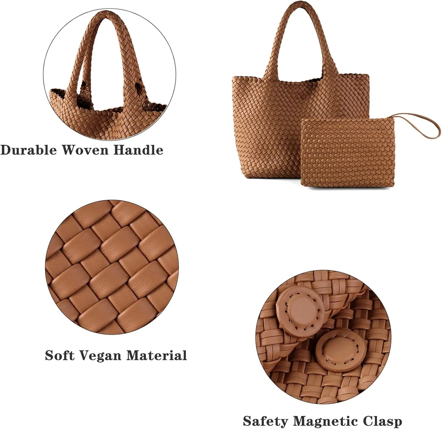 SporGenius Woven Tote Bag for Women, Vegan Leather Beach Bags with Small Purse, Large Travel Top Handle Handbags