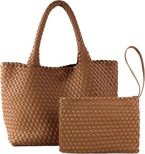 SporGenius Woven Tote Bag for Women, Vegan Leather Beach Bags with Small Purse, Large Travel Top Handle Handbags