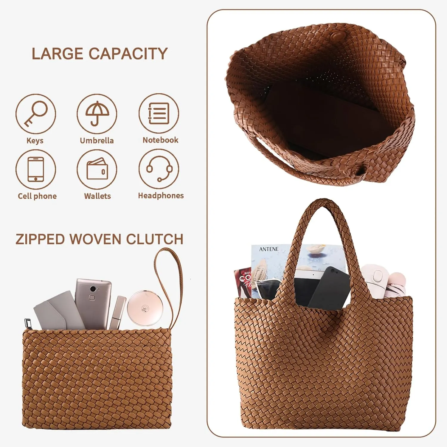 SporGenius Woven Tote Bag for Women, Vegan Leather Beach Bags with Small Purse, Large Travel Top Handle Handbags