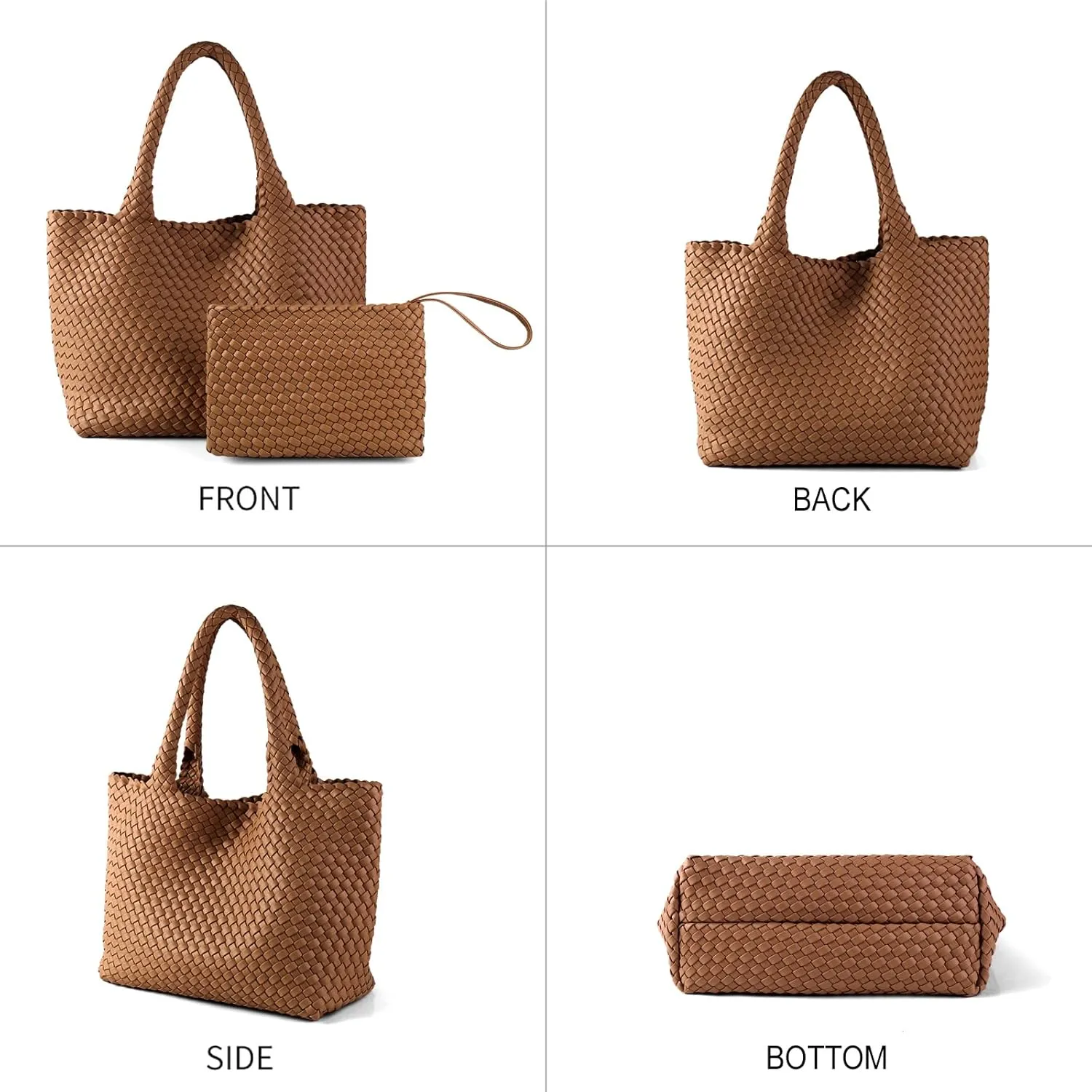 SporGenius Woven Tote Bag for Women, Vegan Leather Beach Bags with Small Purse, Large Travel Top Handle Handbags