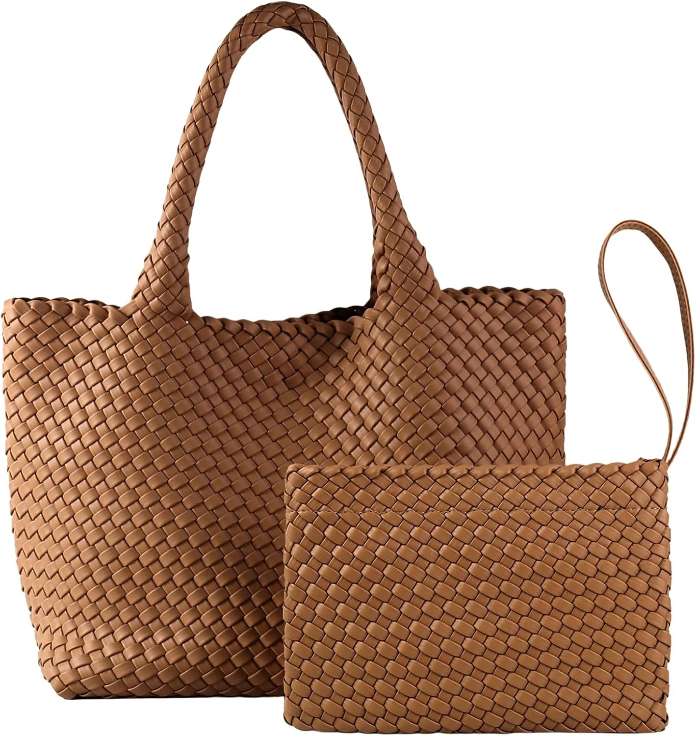 SporGenius Woven Tote Bag for Women, Vegan Leather Beach Bags with Small Purse, Large Travel Top Handle Handbags