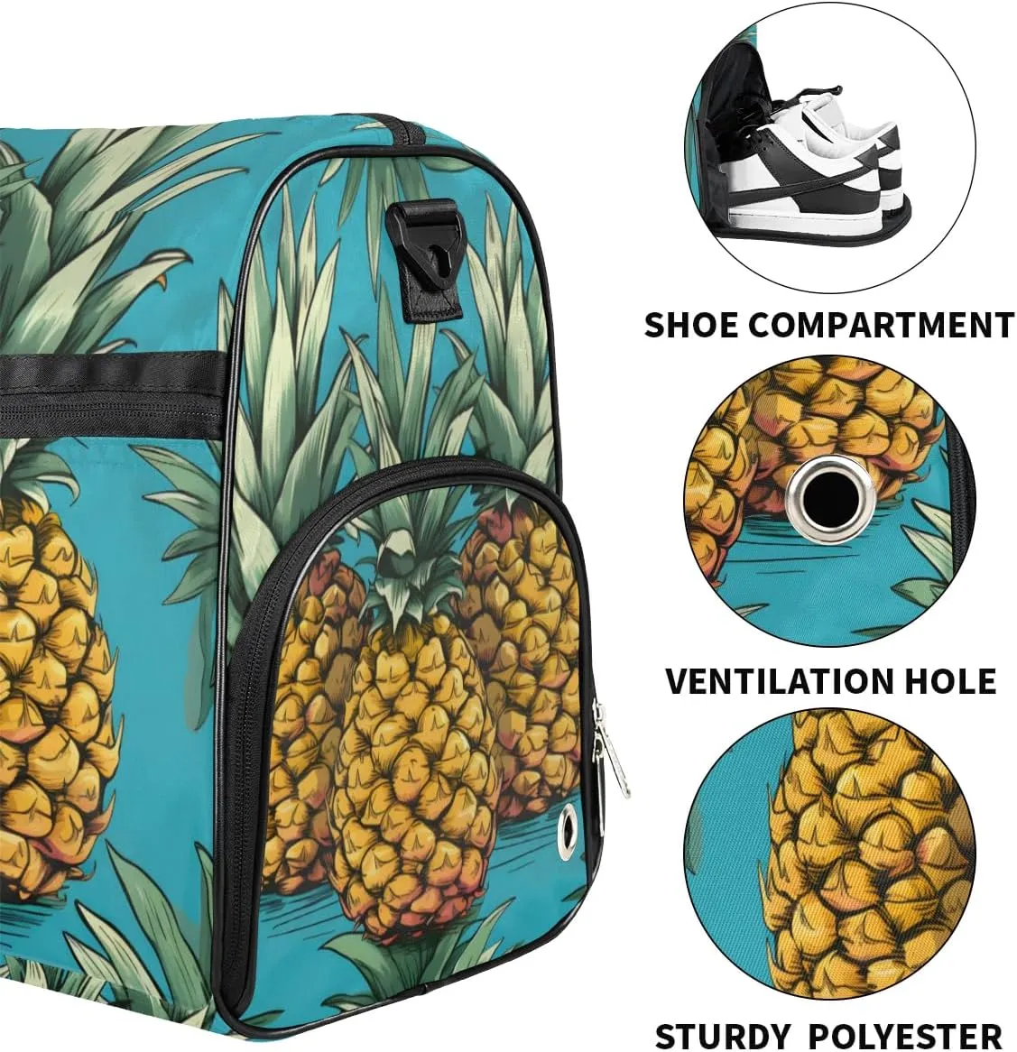 Sport Gym Bag for Women Men with Shoes Compartment & Wet Pocket, Travel Duffel Bag Sport Gym Tote Bags Swimming Yoga Ballet Weekend Overnight Bag Carry on Bag for Airplane (Pineapples 10)