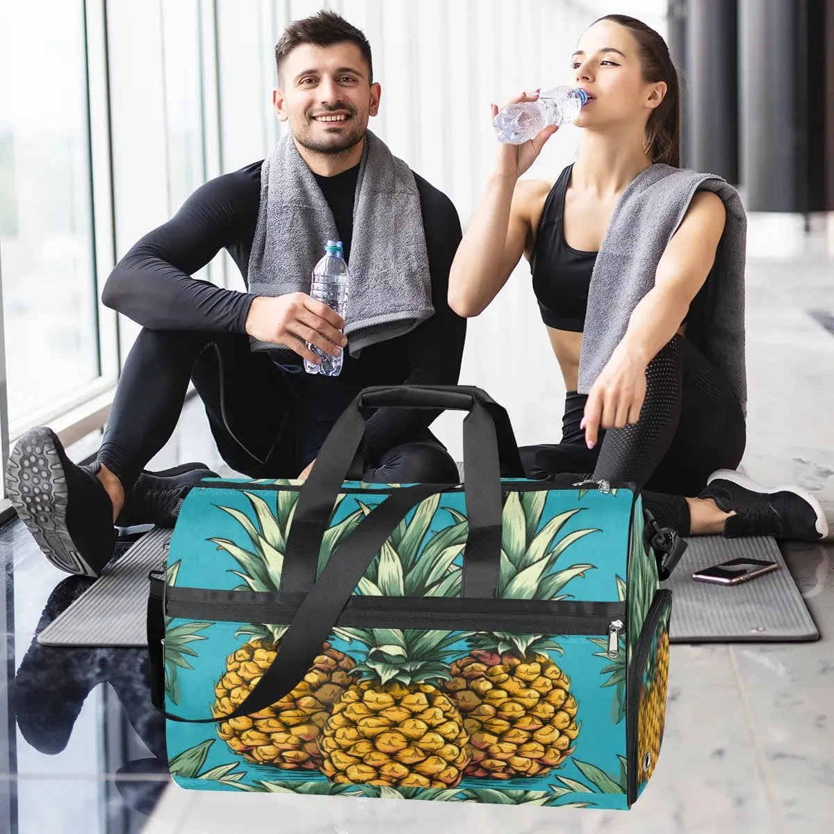 Sport Gym Bag for Women Men with Shoes Compartment & Wet Pocket, Travel Duffel Bag Sport Gym Tote Bags Swimming Yoga Ballet Weekend Overnight Bag Carry on Bag for Airplane (Pineapples 10)