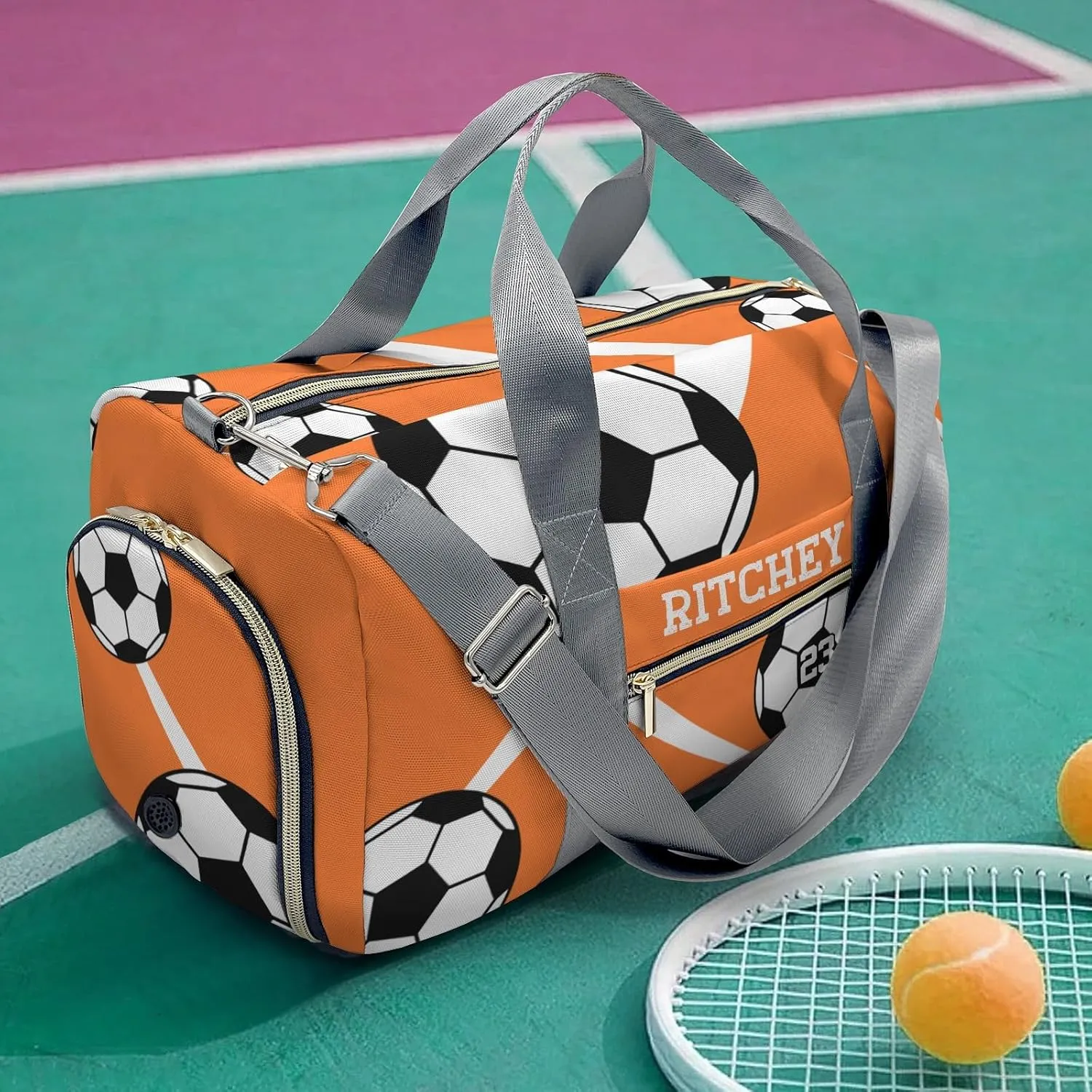 Sport Soccer Player Number Orange Personalized Duffel Bag Custom Women Men Multi-Function Travel Bag Gym Sports Bag Gymnastic Yoga Bag Carry On Overnight Weekend Duffel Bags