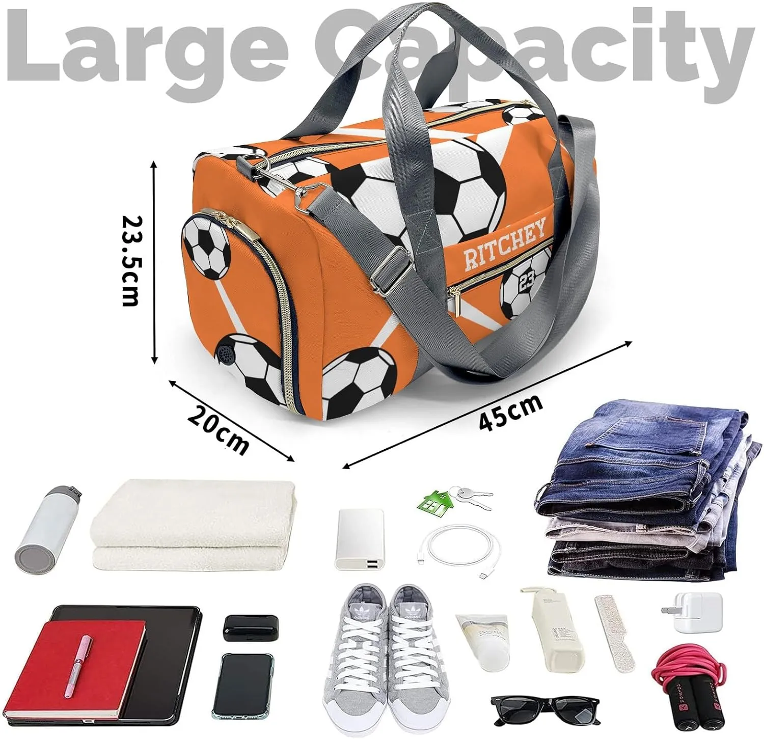 Sport Soccer Player Number Orange Personalized Duffel Bag Custom Women Men Multi-Function Travel Bag Gym Sports Bag Gymnastic Yoga Bag Carry On Overnight Weekend Duffel Bags