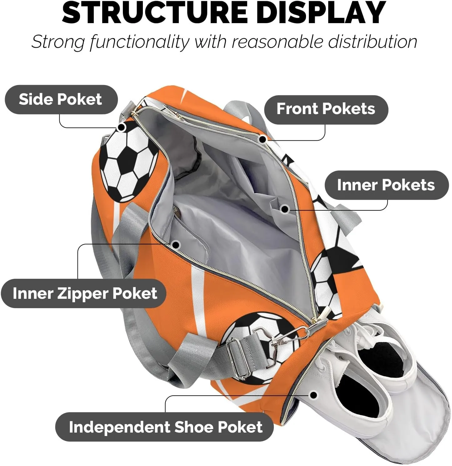 Sport Soccer Player Number Orange Personalized Duffel Bag Custom Women Men Multi-Function Travel Bag Gym Sports Bag Gymnastic Yoga Bag Carry On Overnight Weekend Duffel Bags