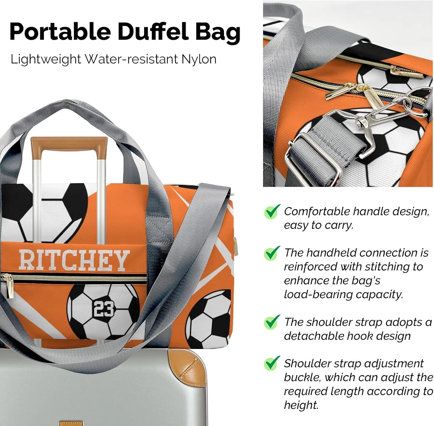Sport Soccer Player Number Orange Personalized Duffel Bag Custom Women Men Multi-Function Travel Bag Gym Sports Bag Gymnastic Yoga Bag Carry On Overnight Weekend Duffel Bags